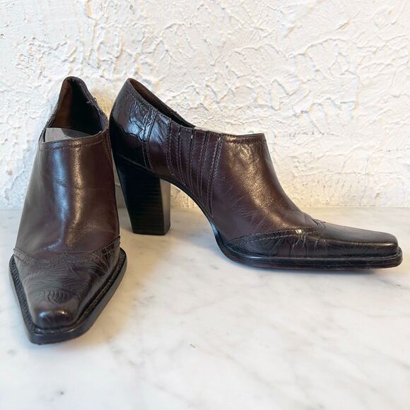 Antonio Melani Brown Embossed Leather Western Ankle Booties Women’s 6 Square Toe - Picture 1 of 9